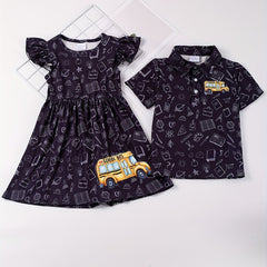 School Bus Print Dress and Polo Shirt Set for Siblings