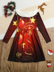 Girls MERRY CHRISTMAS Print Crew Neck Long Sleeve Dress For Christmas Gift