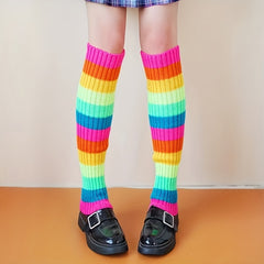 Rainbow Striped Leg Warmers Colorblock Knitted Socks