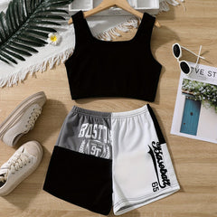 Girls' 2pcs Casual Suit Sleeveless T Shirt And Colorblock Shorts Set