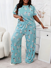 Rabbit Print Short Sleeve Top & Wide Leg Pants Pajama Set