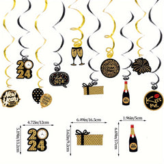 Happy Year Banner Golden Bunting Swirls Pom Poms Party Decor