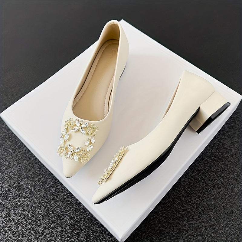 Rhinestone Decor Point Toe Slip On Low Heel Shoes