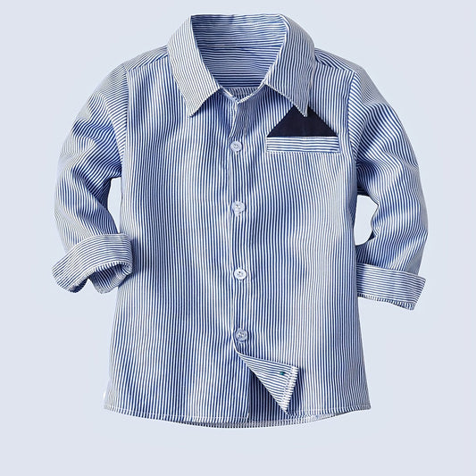Boys Gentleman Stripe Long Sleeve Shirt Top Casual Non Stretch Lapel Shirt