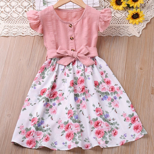 Toddler Girls Ruffle Trim Button Flowers Graphic Princess Dress