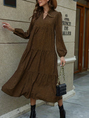 Leopard Print Tiered Dress V Neck Long Sleeve Maxi Dress Women's Clothing