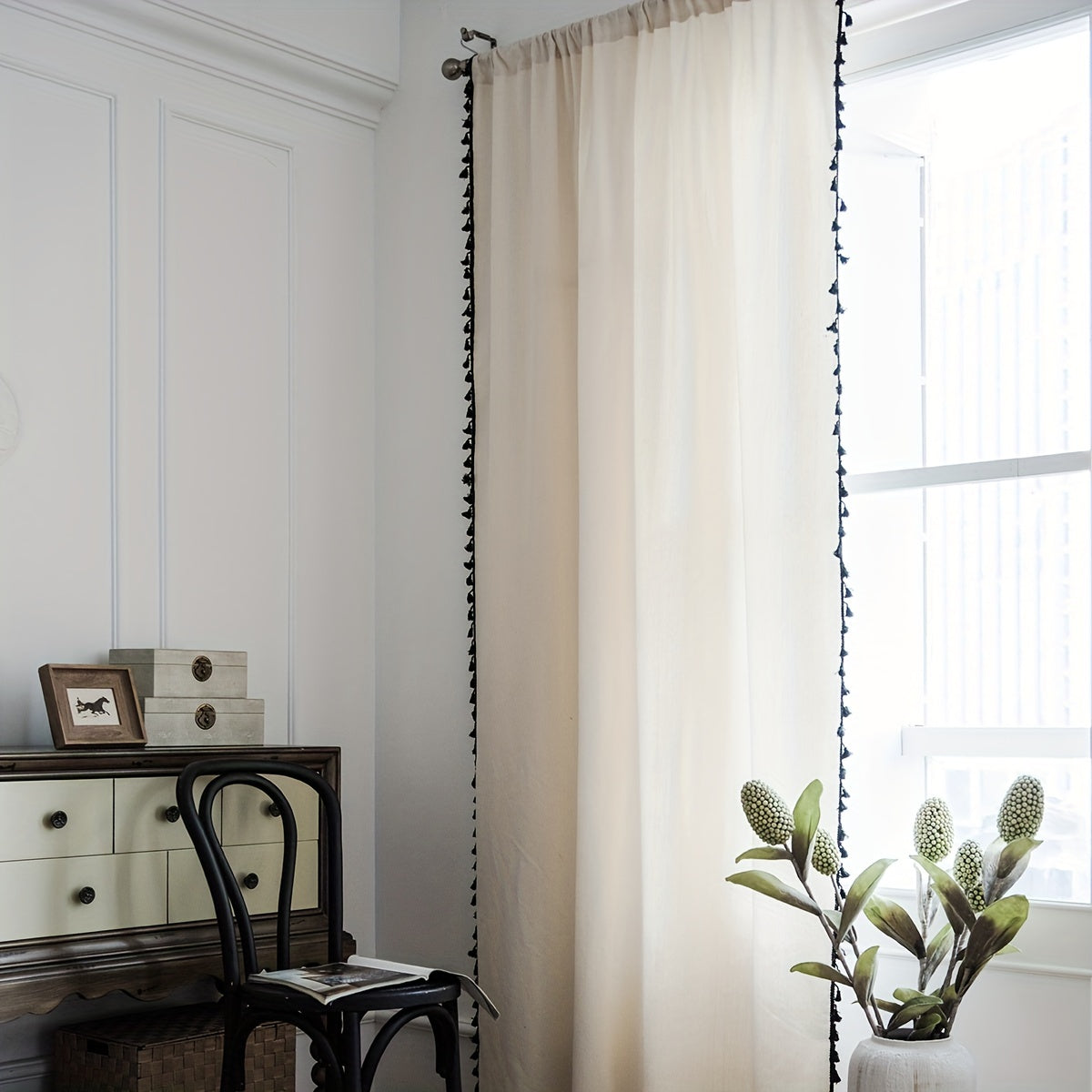 Plain Burlap Tassel Curtains Semi Blackout Kitchen Curtains