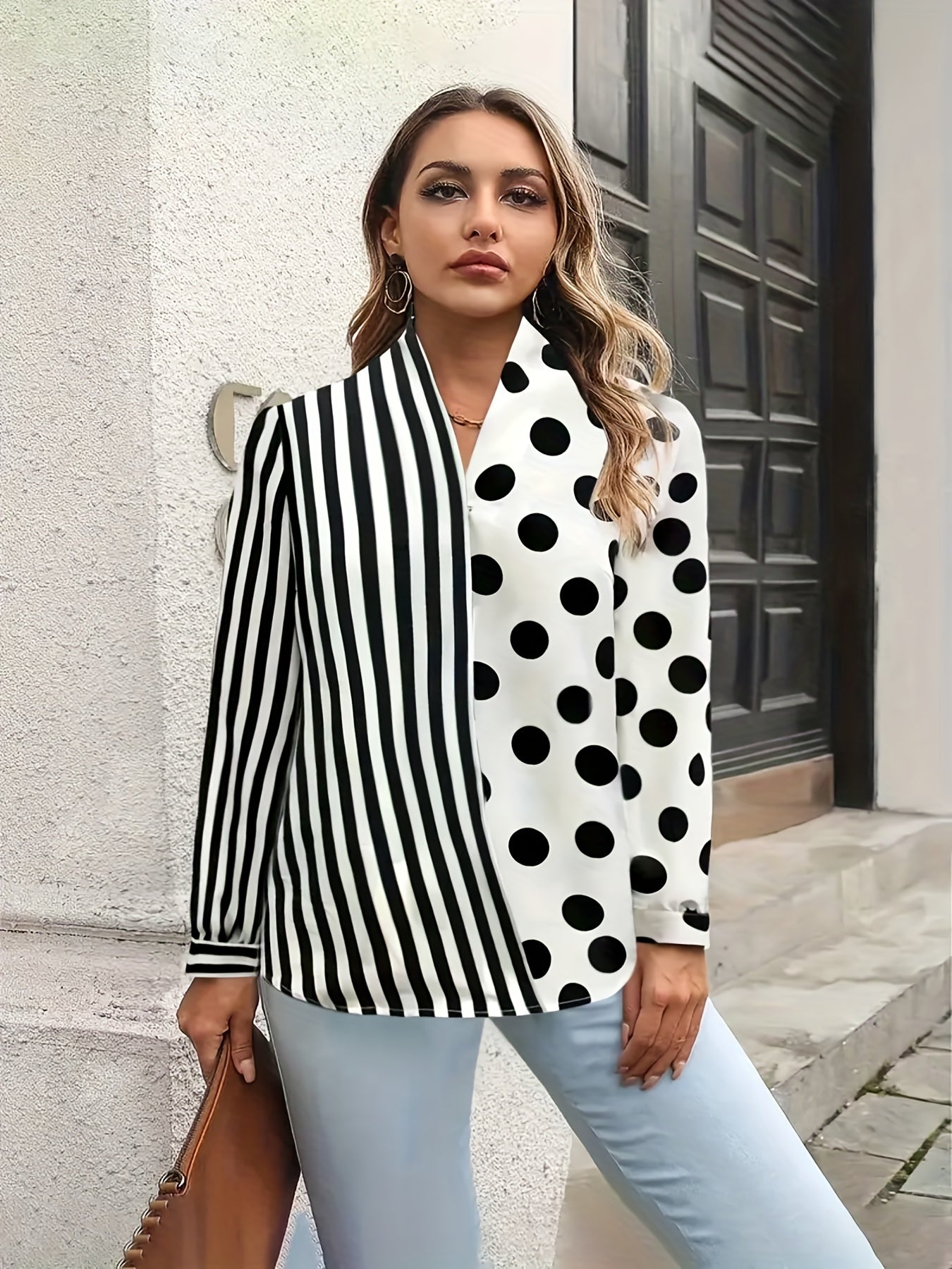 Colorblock & Polka Dot Long Sleeve Top