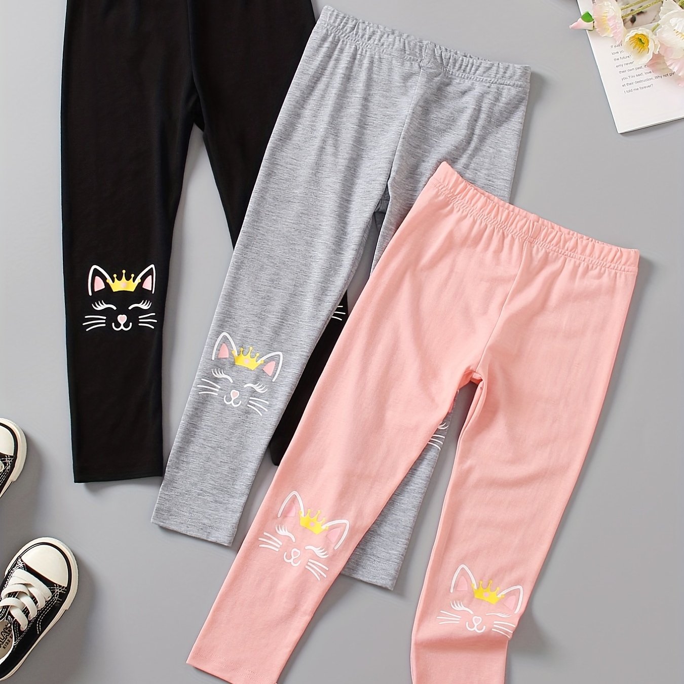 3pcs Girls Cat Print Ankle Pants Set