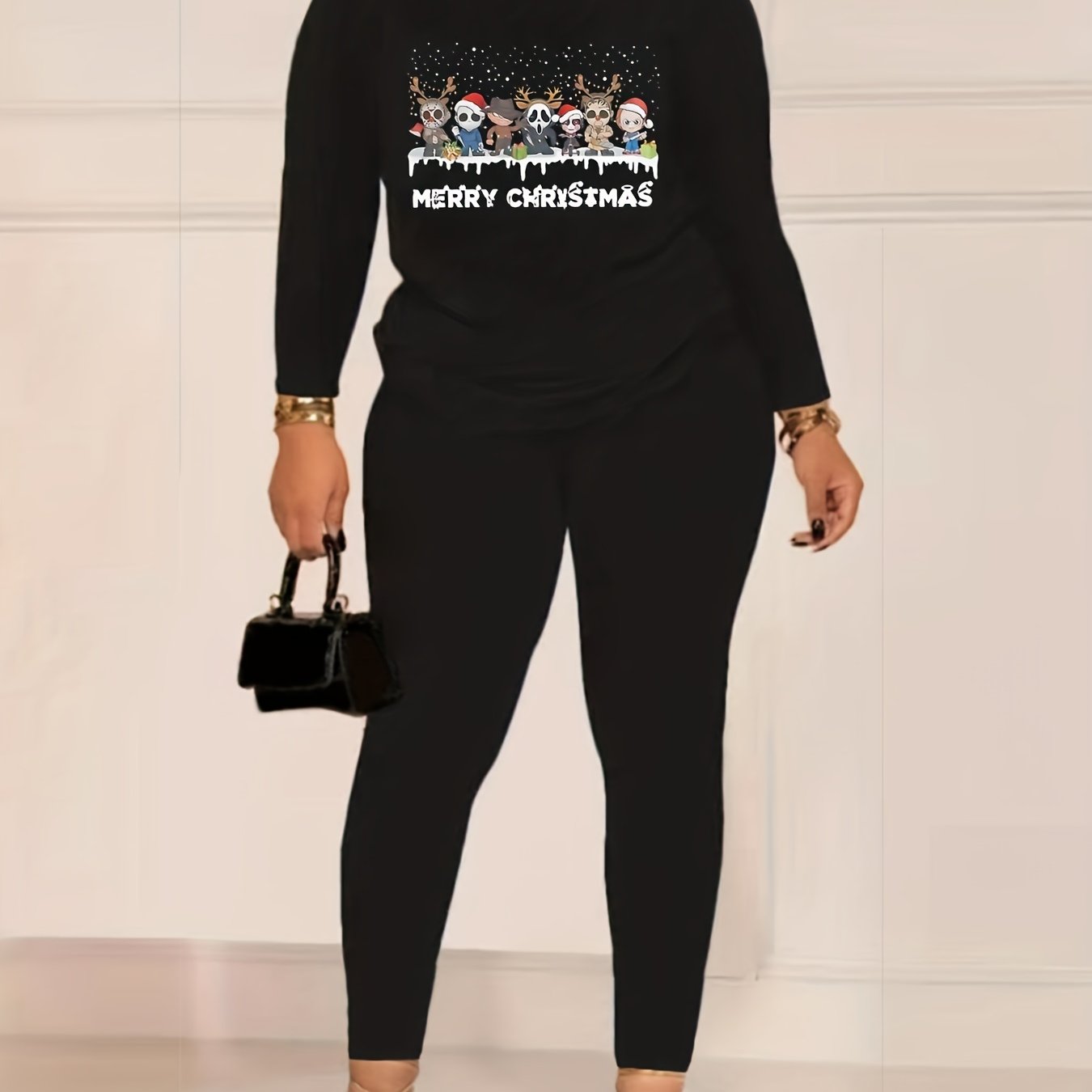 Women's Plus Size Snowflake & Cartoon Print Tee & Leggings Outfits
