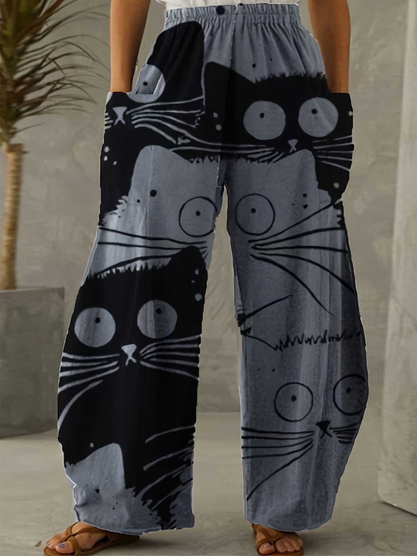 Butterfly Print Wide Leg Mid Rise Pants Women's Plus Street Style