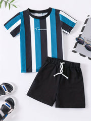Boys Striped Casual Outfit Round Neck T shirt & Shorts For Summer Kids Clothes