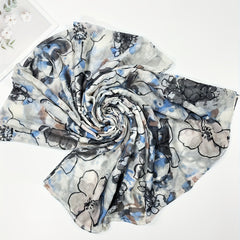 Gray Flower Print Scarf Vintage Tie Dye Shawl Lightweight Casual Head Wrap