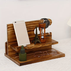 Men's Wooden Bedroom Organizer 2 Shelf Storage for Phone Keys Watches & Tools