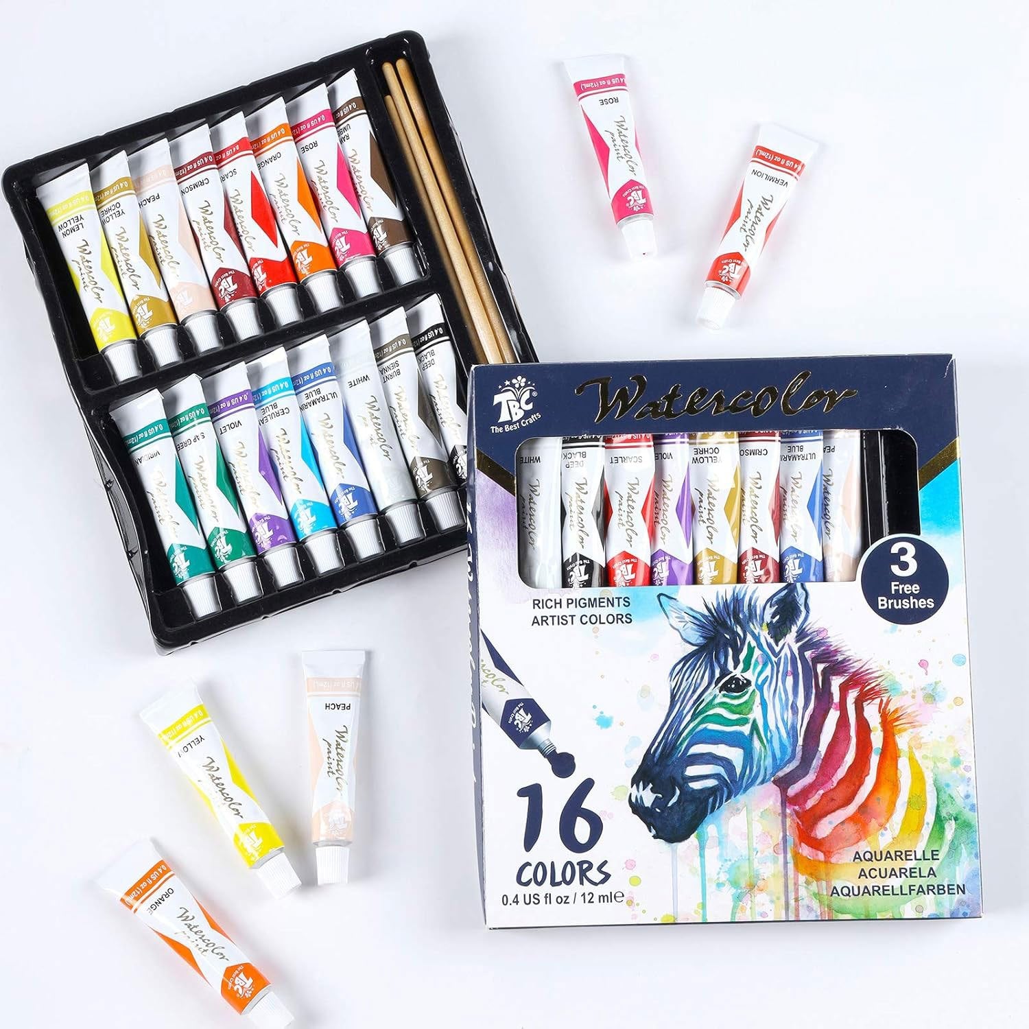 16 Colors Watercolor Paint Set 12ml Tubes with 3 Brushes
