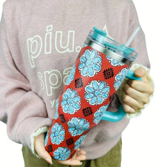 40oz Insulated Stainless Steel Water Bottle Turquoise Print with Handle