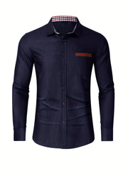 Men's Casual Cotton Navy Denim Button Up Shirt With Stripe Lining