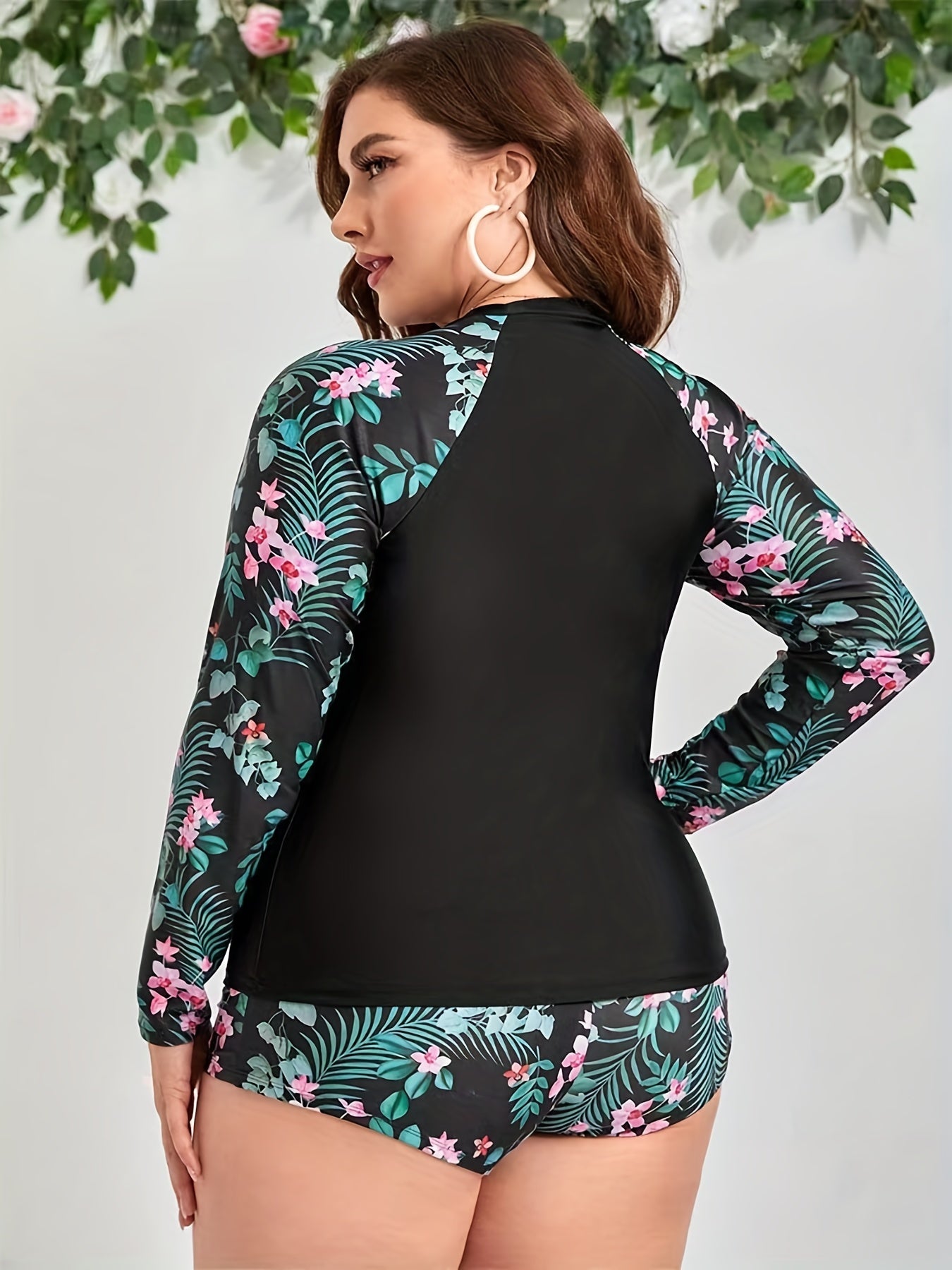 Colorblock Tropical Print Tankini Set