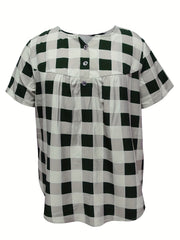 Gingham Print Short Sleeve Blouse