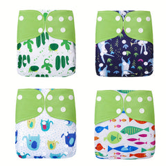 4pcs Washable Cloth Diapers For Boys Girls Adjustable Nappy with Inserts