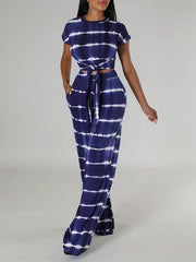 Striped Print Casual Two piece Set Knotted Short Sleeve Tee & High Waist Pants