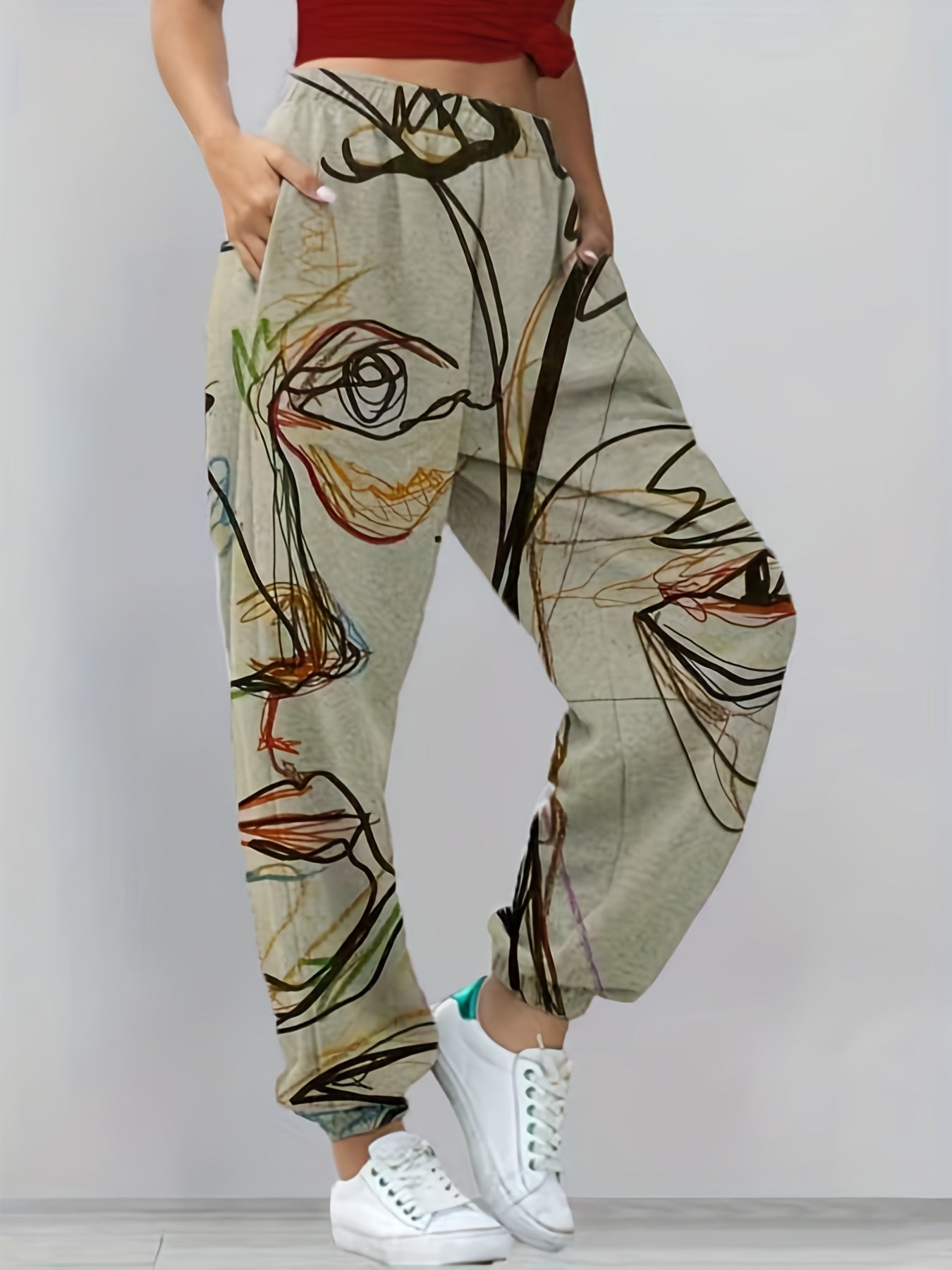 Graffiti Print Jogger Pants Elastic Waist Casual Long Length Women's Clothing