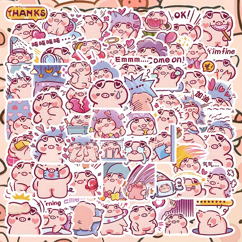60pcs Cartoon Pig Stickers Reusable PVC Decals for Crafts Mixed Colors & Shapes