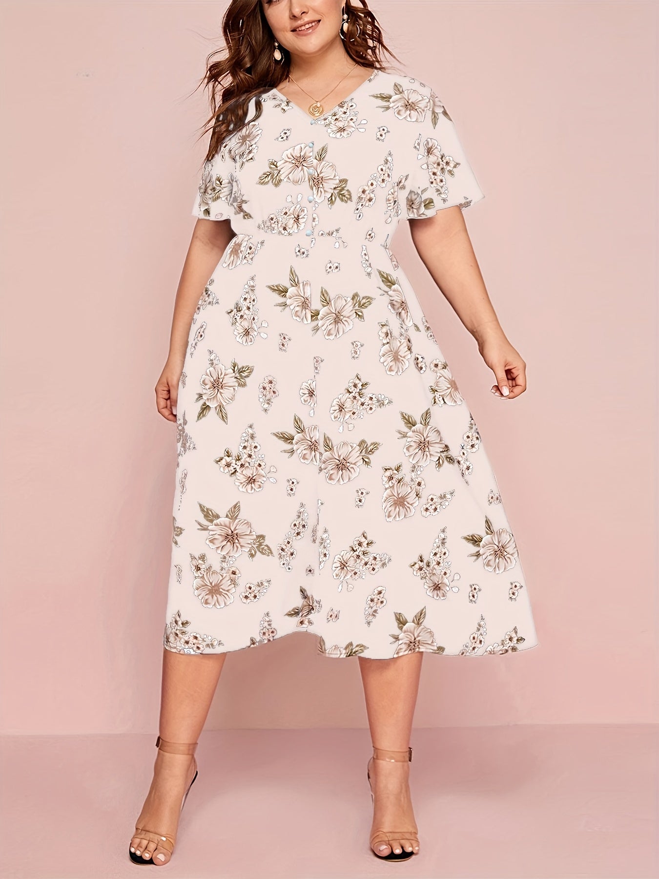 Floral Print Short Sleeve V Neck Dress