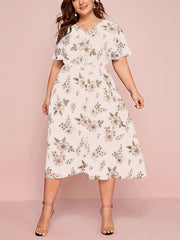 Floral Print Short Sleeve V Neck Dress