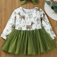 Baby Girl Cartoon Print Long Sleeve Mesh Dress Headband Set