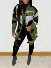 Women's Plus Camo Knitted Long Sleeve Open Front Cardigan