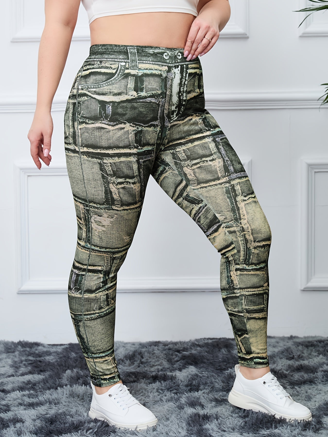 Graphic & Denim Print High Rise Skinny Leggings Women's Plus