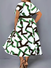Women's Plus Geometric Print V Neck Wrap Dress With Belt