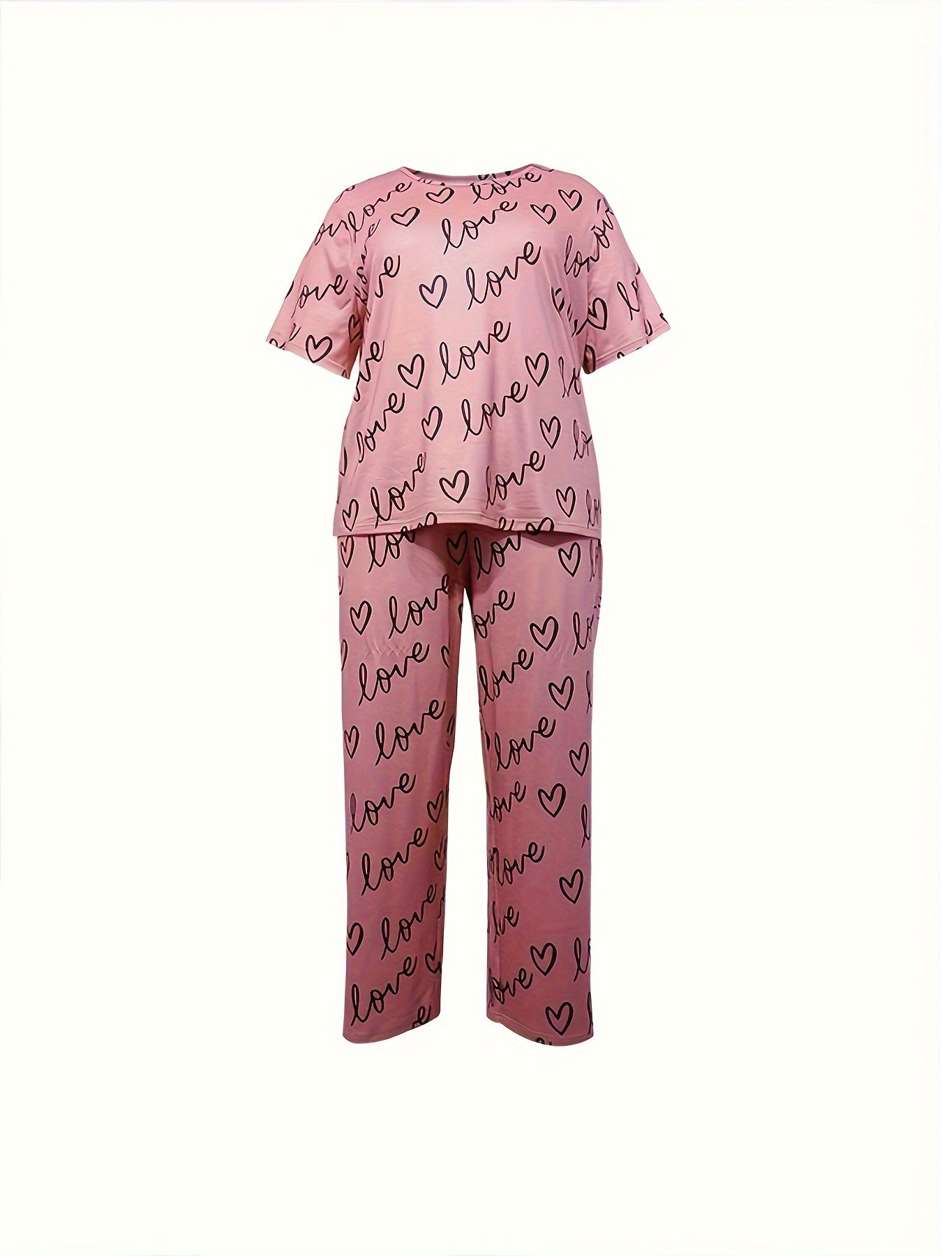 Pajama Set Women's Heart & Letter Print Tee & Pants 2 Piece