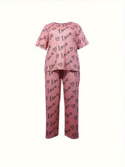 Pajama Set Women's Heart & Letter Print Tee & Pants 2 Piece