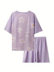 Floral Print Pajama Set Short Sleeve Top & Shorts Women's Sleepwear