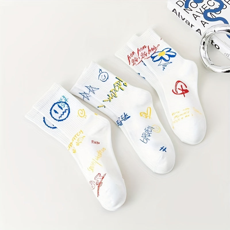 3 Pairs Cartoon Graffiti Socks Comfy Mid-Tube Women's Stockings
