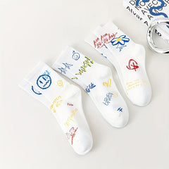 3 Pairs Cartoon Graffiti Socks Comfy Mid-Tube Women's Stockings