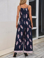 Feather Print Wide Leg Jumpsuit V Neck Spaghetti Strap Women's Clothing