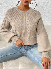 Solid Crew Neck Pullover Sweater Lantern Sleeve Criss Ruffle Trim Knit