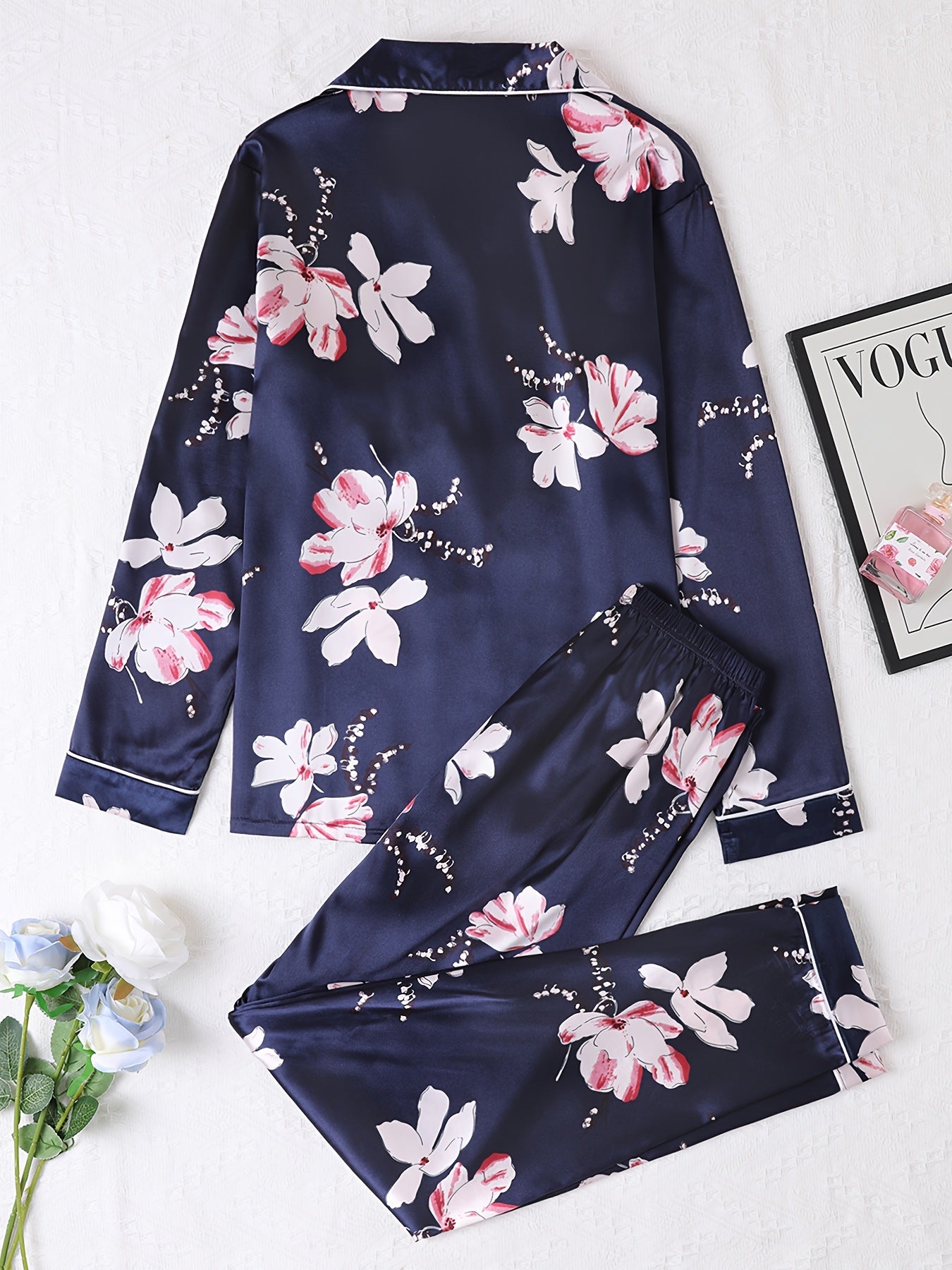 Floral Print Pajama Set Long Sleeve Lapel Buttons Top & Elastic Waistband Pants