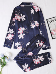 Floral Print Pajama Set Long Sleeve Lapel Buttons Top & Elastic Waistband Pants
