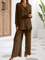 Solid Textured Two piece Set Button Front Long Sleeve Shirt & Wide Leg Pants