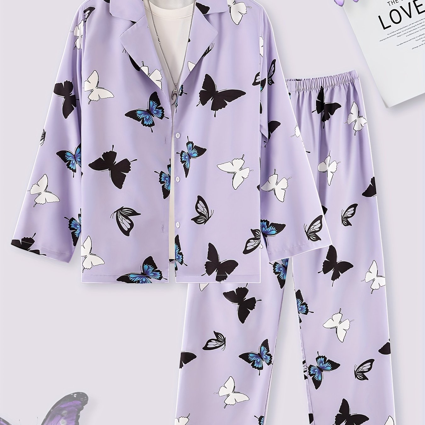 Butterfly Print Lounge Set Long Sleeve Top & Pants
