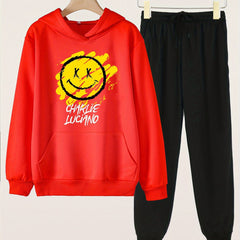 2pcs Smile Face Print Girls Hoodie Kids Casual Long Sleeve Loose Hooded Sweatshi