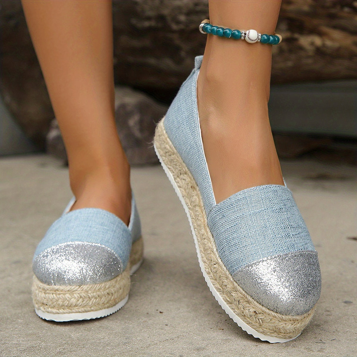Women's Glitter Platform Espadrille Shoes, Colorblock Slip On