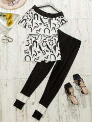 Abstract Print Slanted Shoulder Set with High Waist Pants