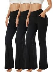 Solid Yoga Flared Pants With Pocket Stretchy High Waist Sports Bootcut