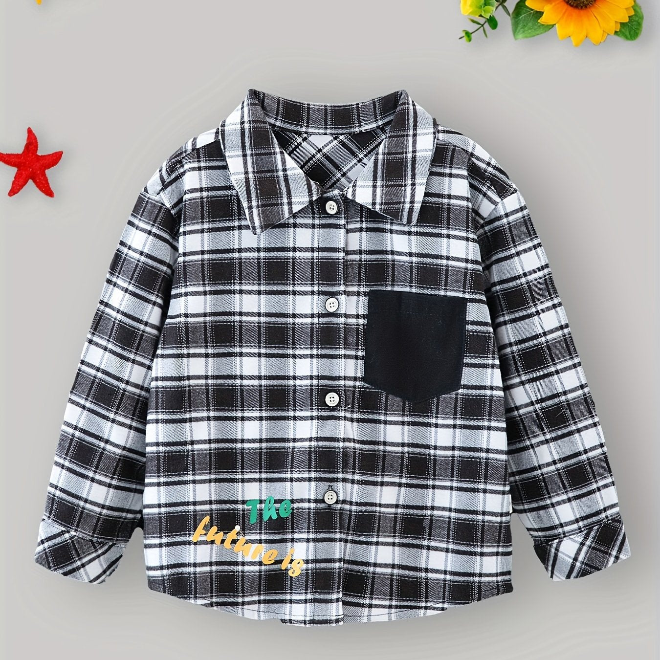Kids Boys THE FUTURE IS Letter Print Plaid Shirts Long Sleeve Button Down Tops