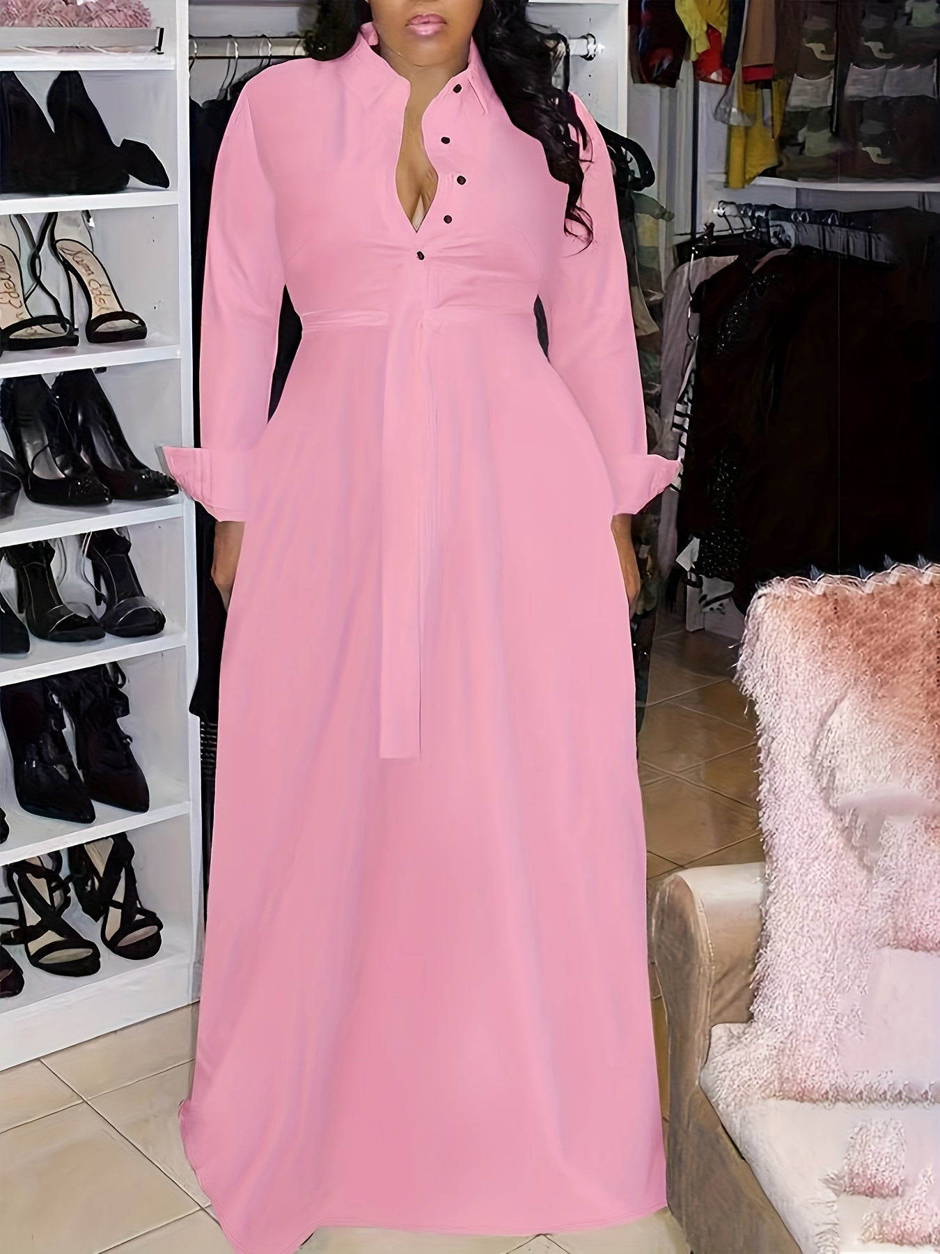 Plus Size Long Sleeve Maxi Shirt Dress With Belt